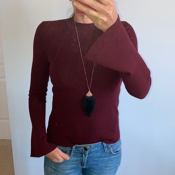 Wine Color Flare Sleeve Ribbed Knit Top - Picture 8 of 11